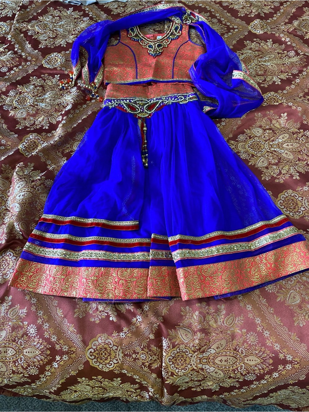 Girls Royal Blue and Red Party Lehenga Set with Gold Accents